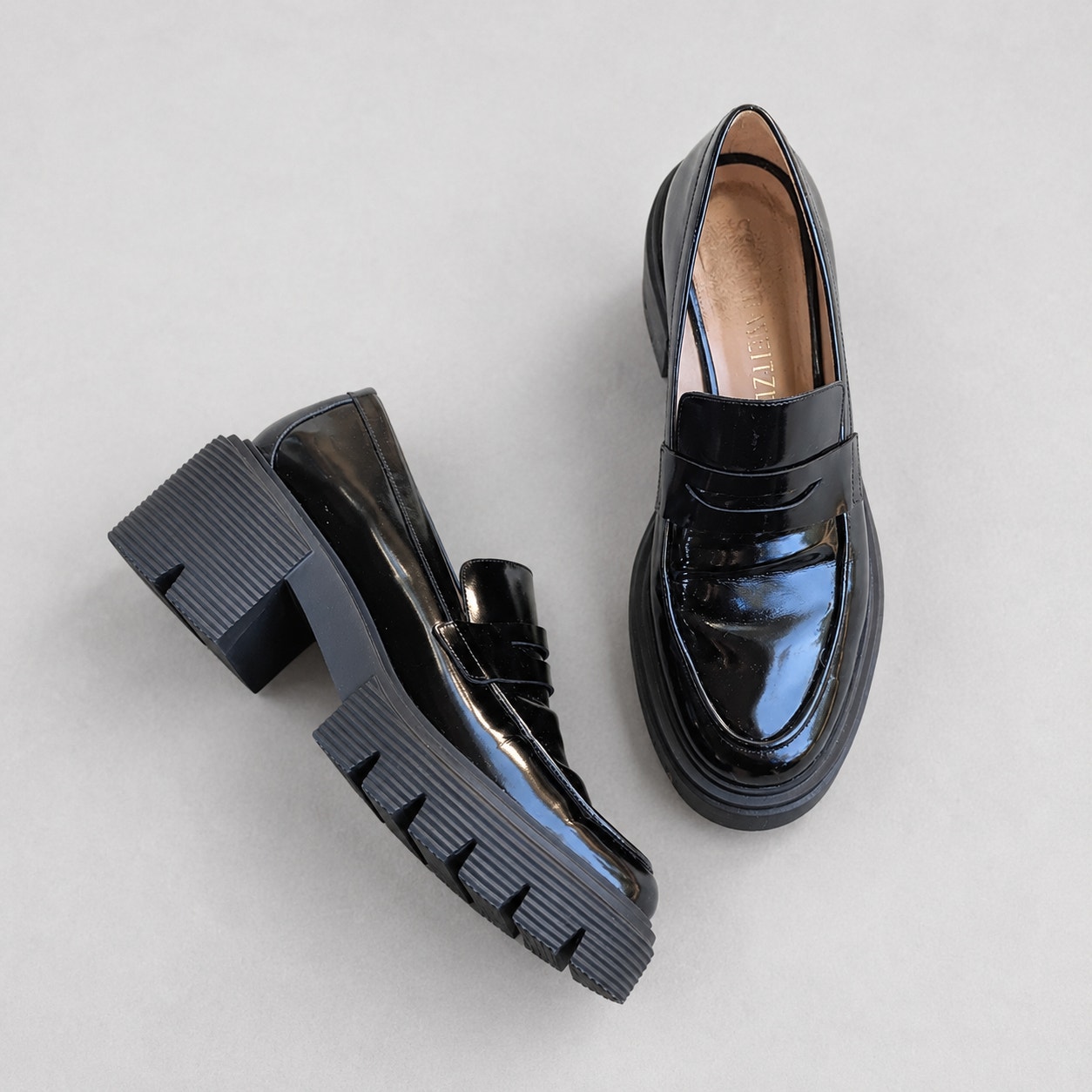 Stuart Weitzman Soho Black Patent Leather Lug Sole Loafers, Size 9